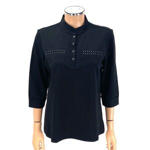 TAIL Golf Shirt Studded Top Women's SIZE MEDIUM Black Snaps Collar 3/4 Sleeve
